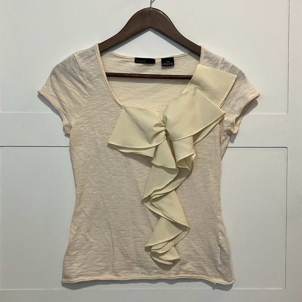 Press Cream Tee Women's Small Ruffle Front Coquette Preppy‎ Chic Romantic Ruffle